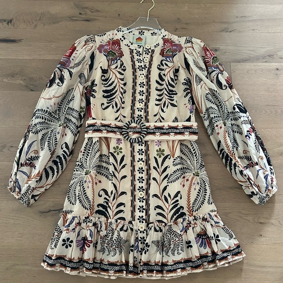 FARM RIO Nature Mini Dress Romantic Bead Belt Maximalist Puff Beige Size Medium - Picture 2 of 16